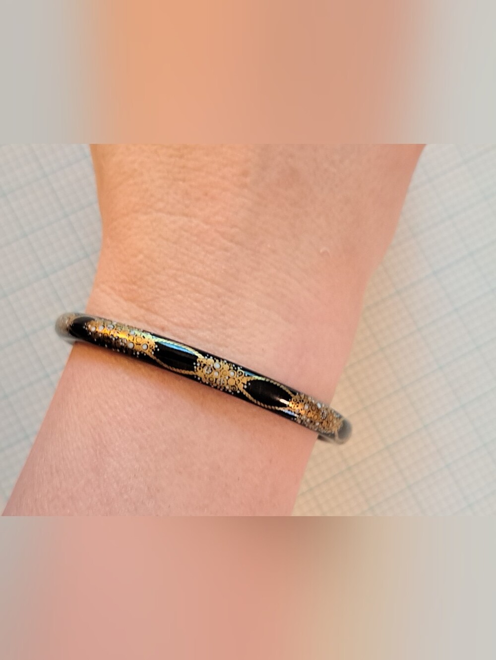 Michaela Frey Pre 80s Vintage Enameled Black Bangle Bracelet with Gold White